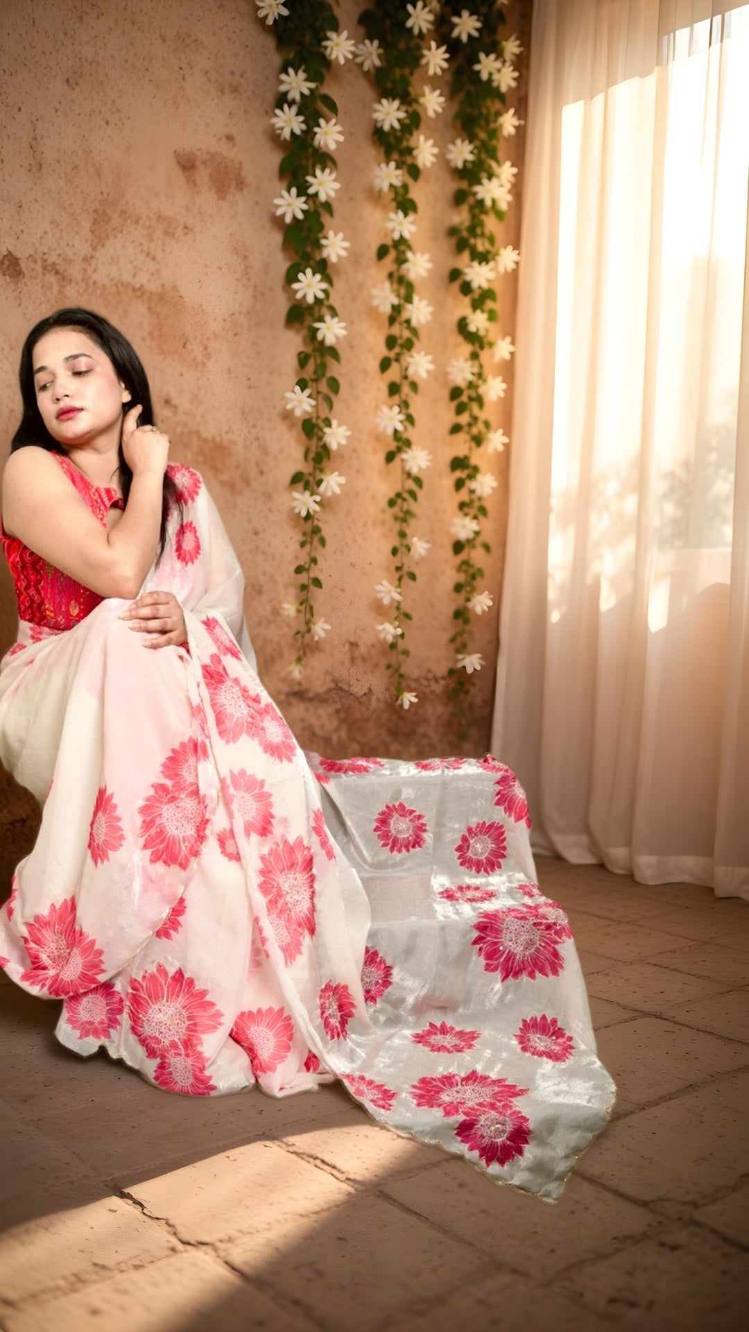 Ivory Fandy Saree with Blush Floral Designer Blouse