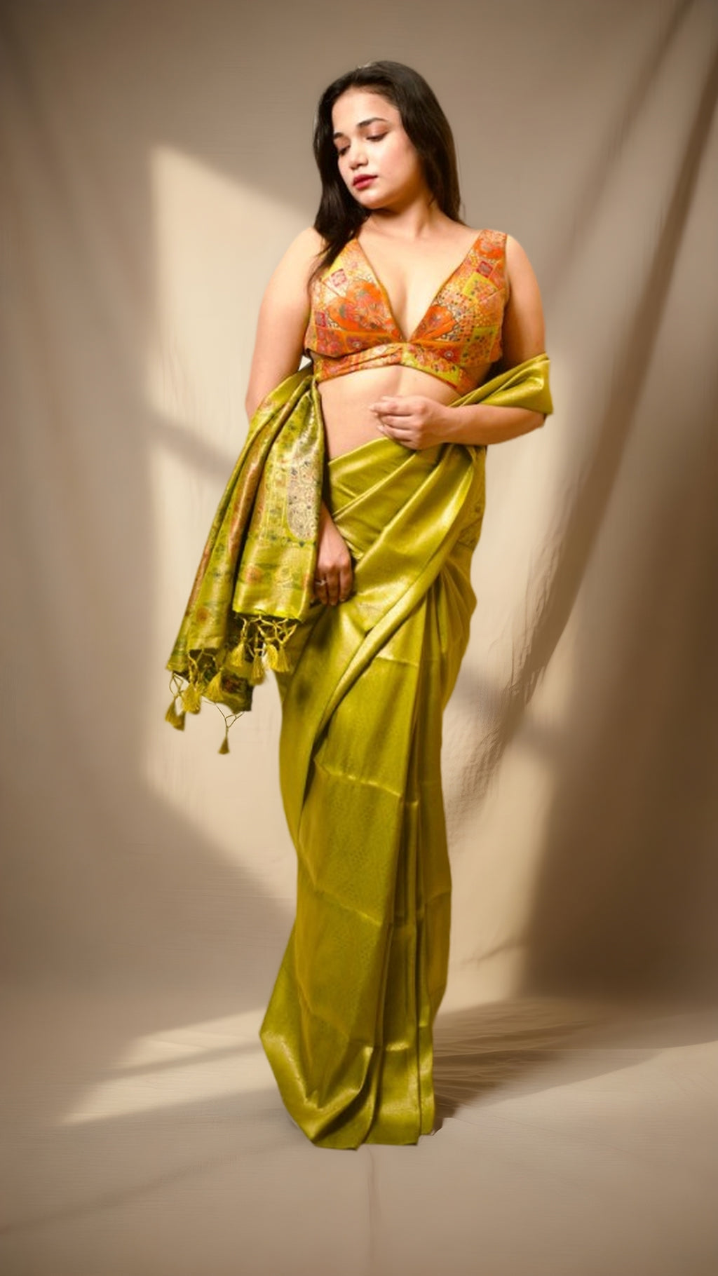 ZAYNAH-E-SATIN | Olive Green Couture Saree