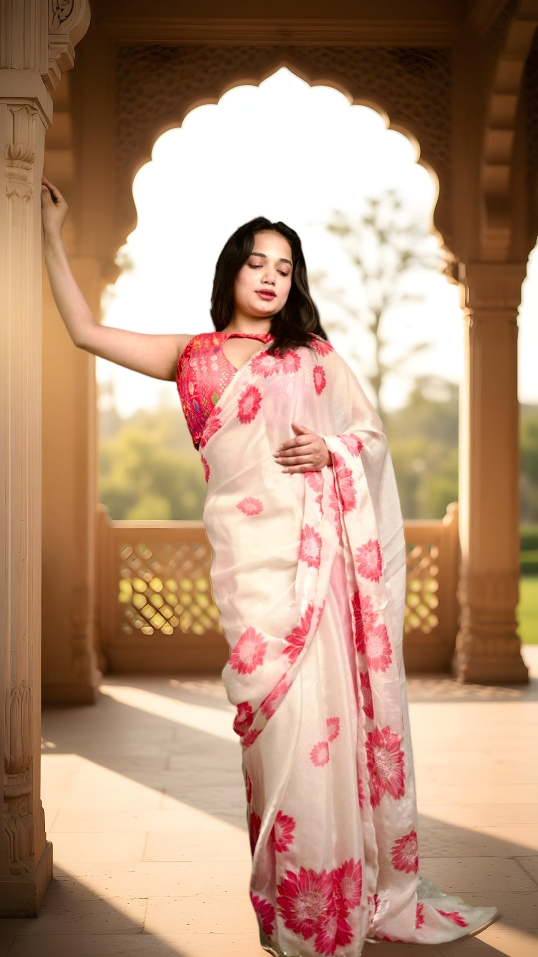 Ivory Fandy Saree with Blush Floral Designer Blouse