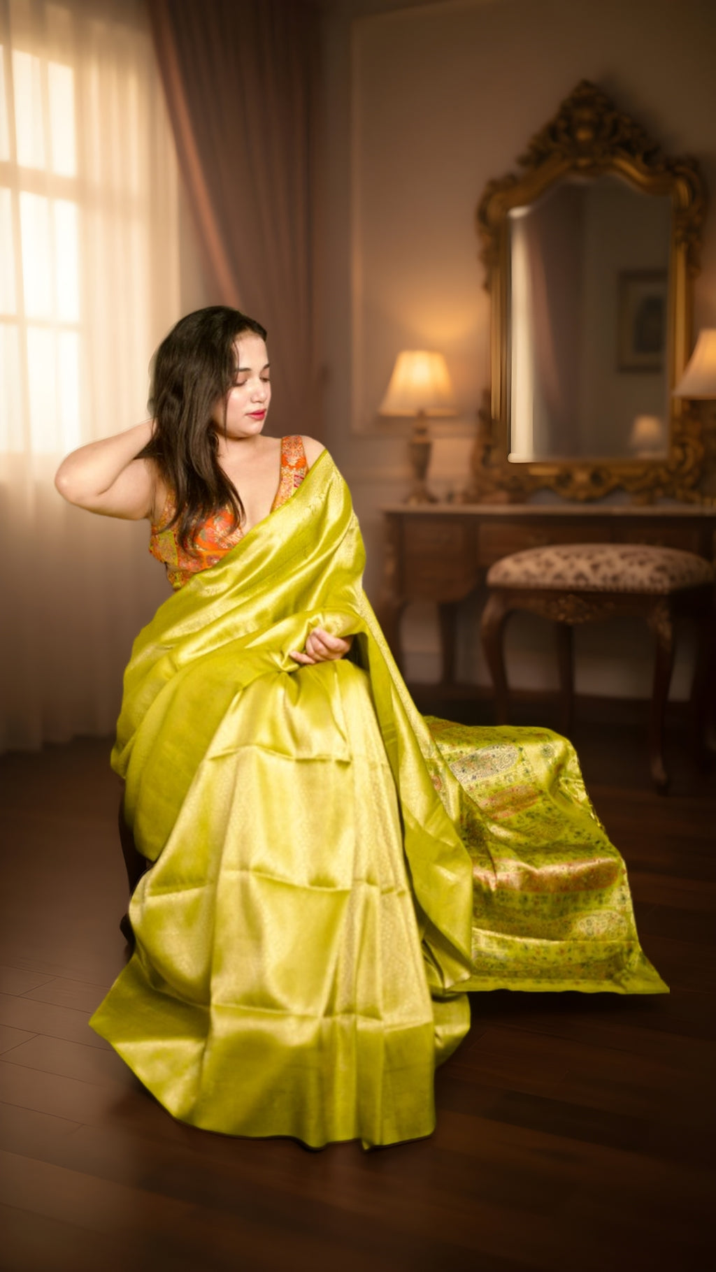 ZAYNAH-E-SATIN | Olive Green Couture Saree