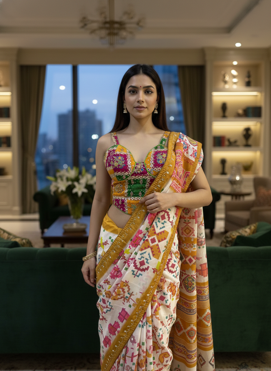 RangVeda Dual-Blouse Heritage Print Silk Saree Set